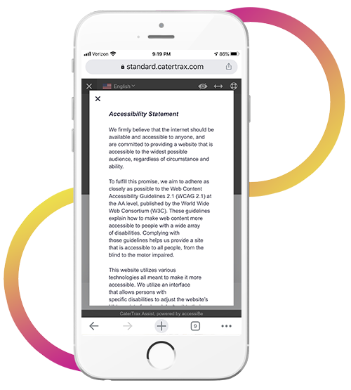 Phone showing the CaterTrax Assist Accessibility Statement